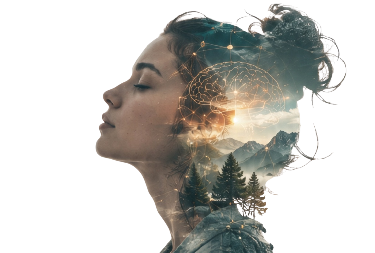 Mujer en perfil, doble exposición con naturaleza y cerebro